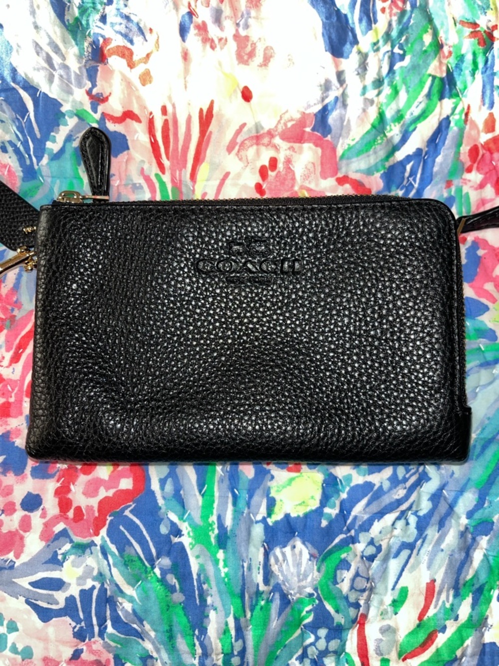 Coach Black Pebbled Leather Zip Wristlet 6”x4”